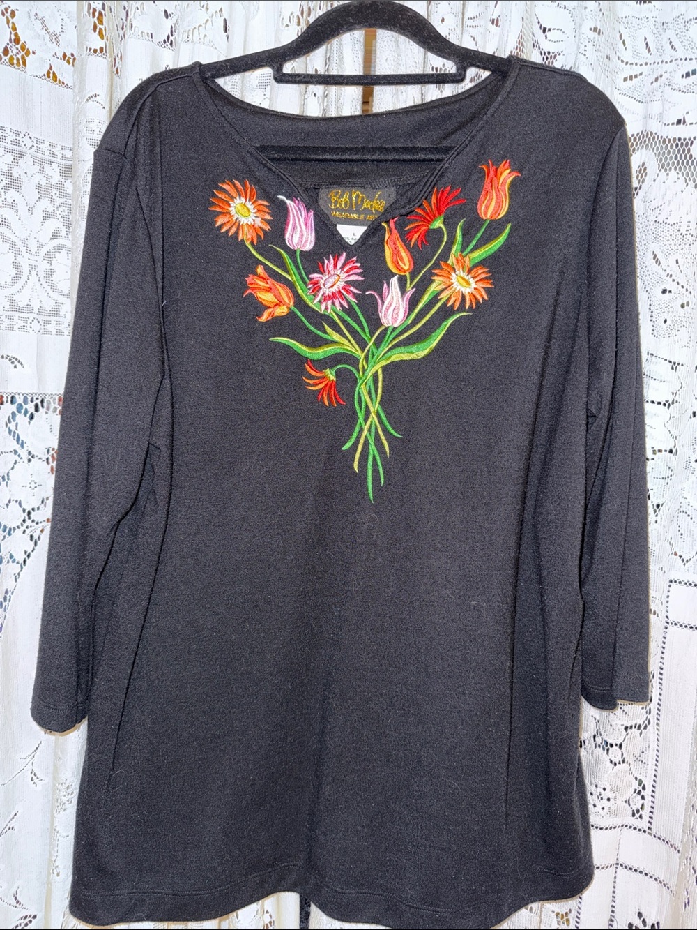 Bob Mackie Black Long-Sleeve Tunic with Orange, Pink & Green Floral Embroidery
